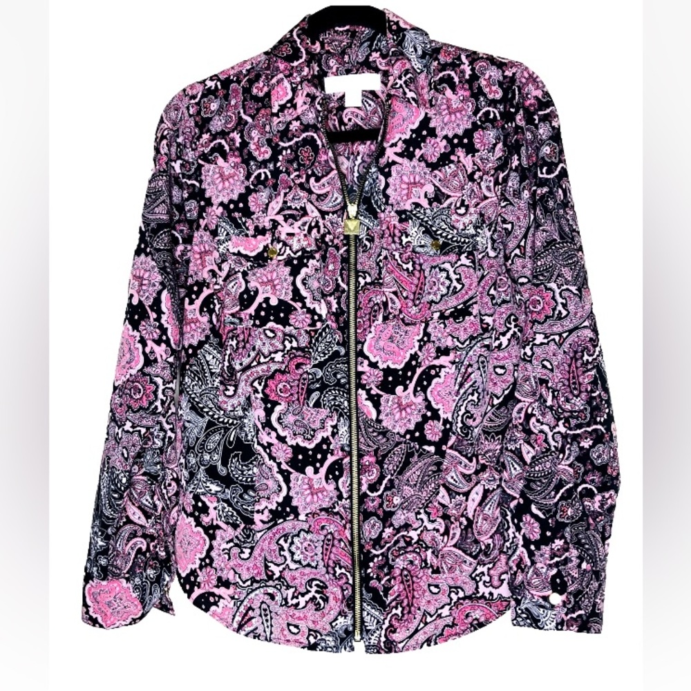 Michael Kors Pink & Black Paisley Zip-Front Blouse Size Small